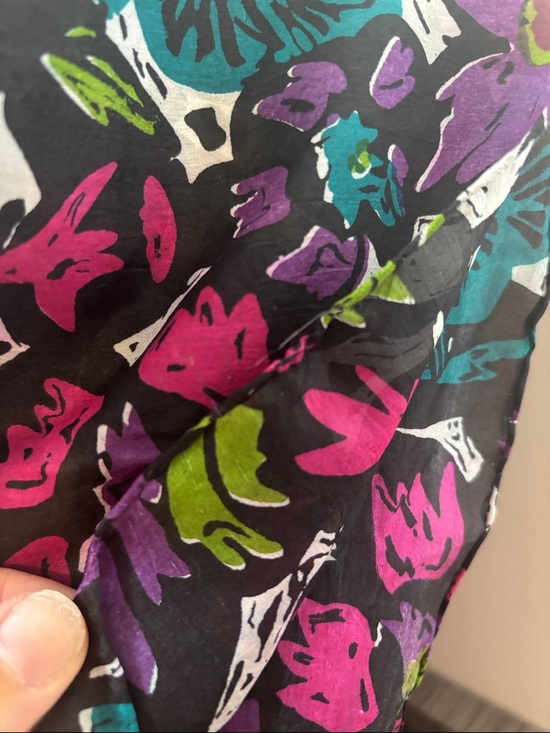 Floral Print Black Silk Scarf with Teal & Purple Accents - Picture 2 of 4